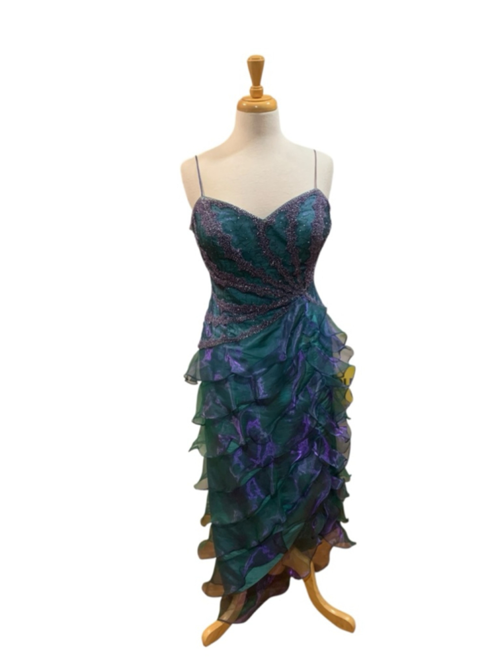 Vntg Y2K Women's Alyce Designs Teal Purple Beaded Ruffle Prom Dress Size 14